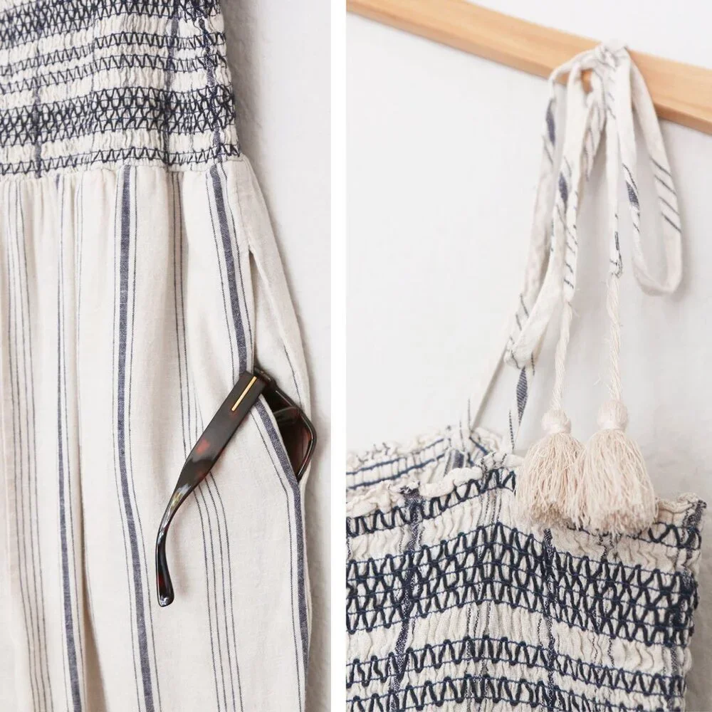 Madewell Striped Smocked Cami Jumpsuit S Cotton Linen Blend Tassel Strap Tie$138